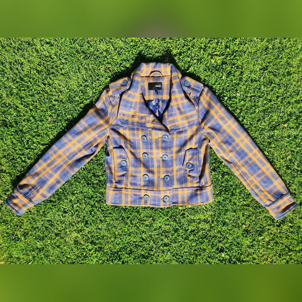 HURLEY y2k Blue Orange Plaid Inner Flower Pattern Button Cropped Jacket Size M